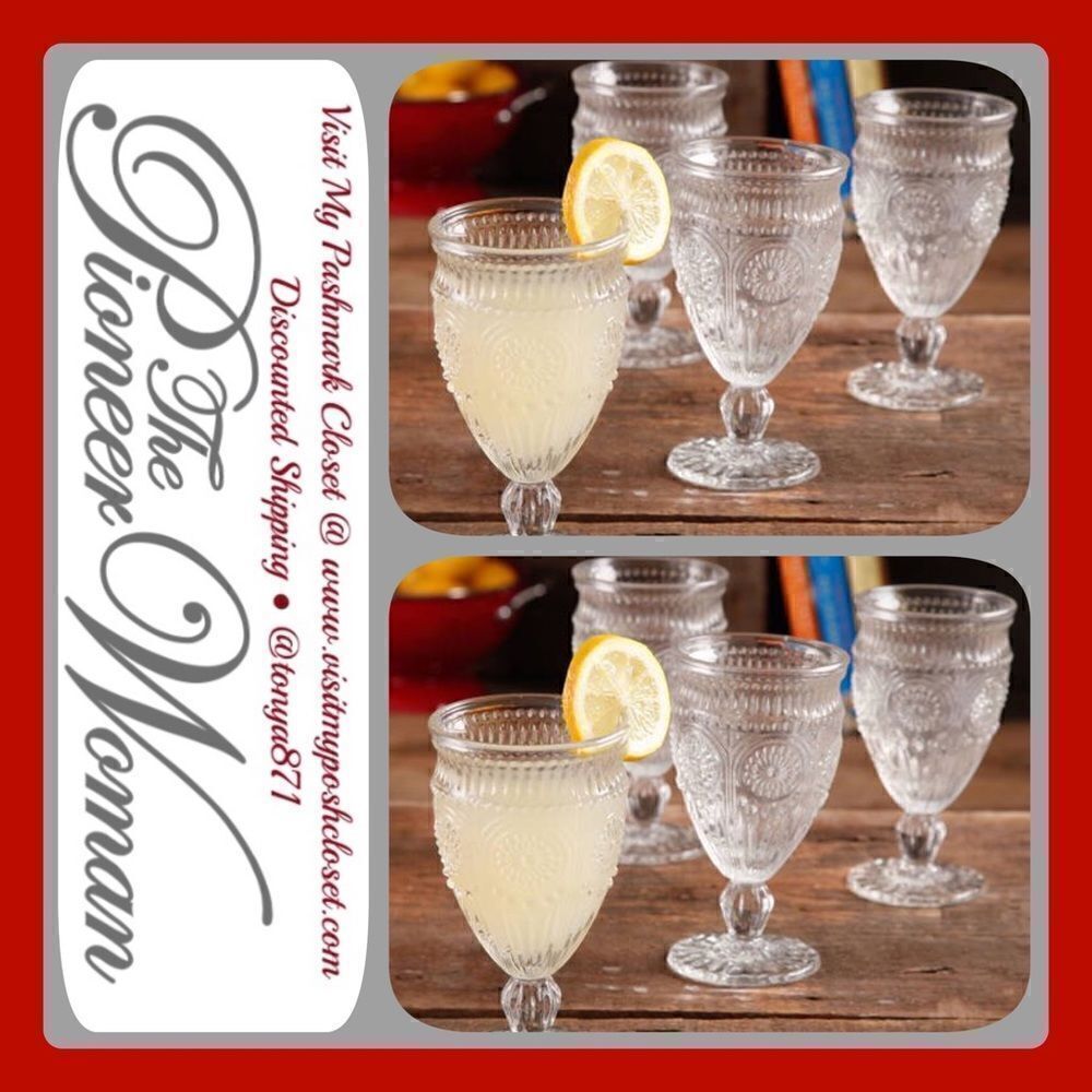 🦋 New Pioneer Woman Adeline 12-Ounce Footed Glass Goblets, Set of 8, Clear